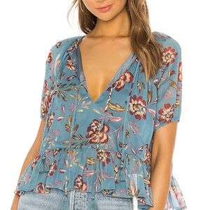 Tularosa Christiana Dusty‎ Blue Floral Blouse